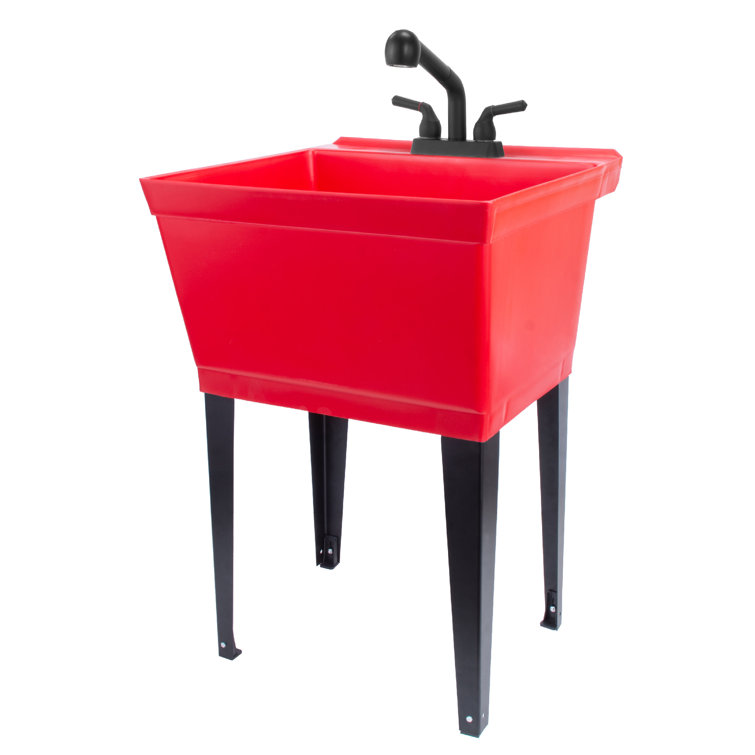 Red Thermoplastic Freestanding Utility Sink with Black Faucet