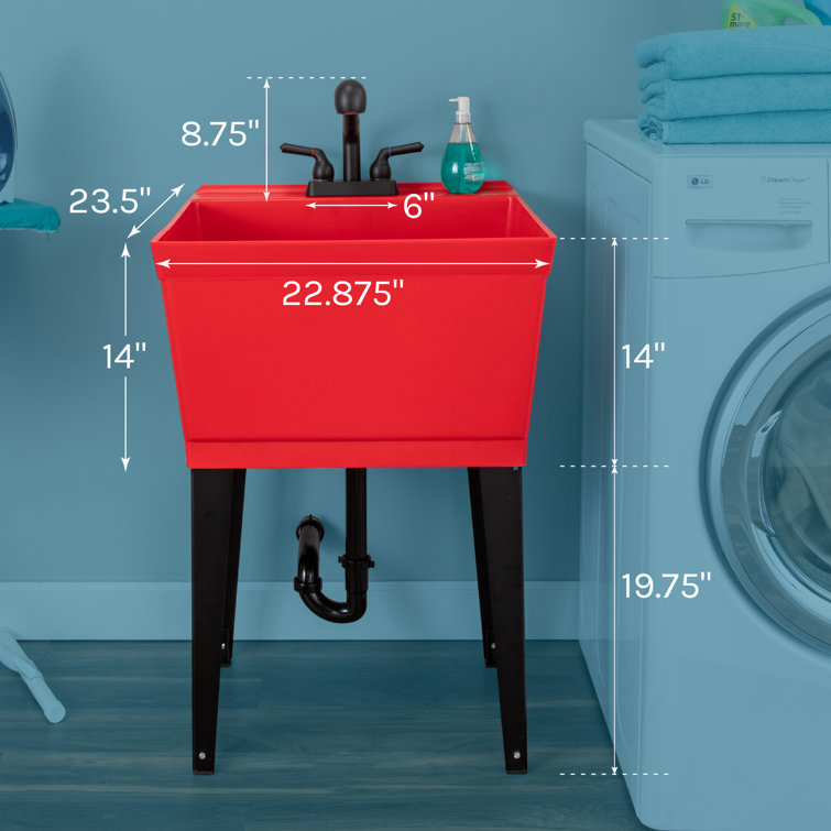 Red Thermoplastic Freestanding Utility Sink with Black Faucet