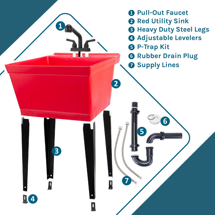 Red Thermoplastic Freestanding Utility Sink with Black Faucet