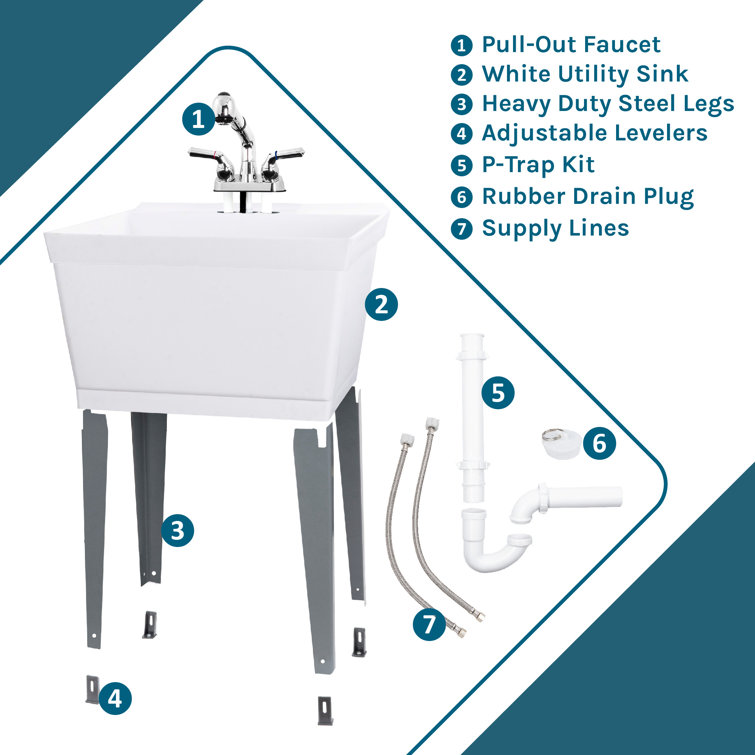 White Thermoplastic Freestanding Utility Sink with Pull-Out Faucet