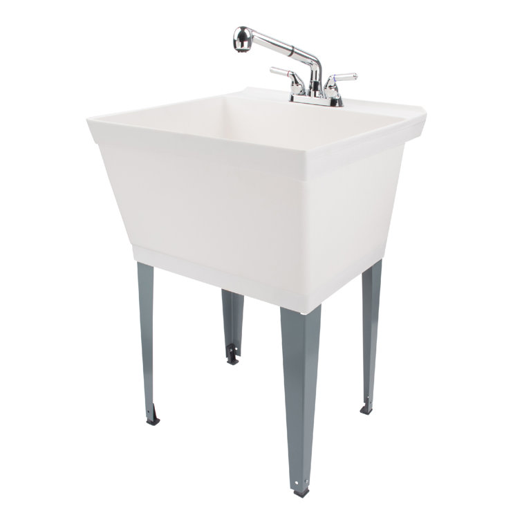 White Thermoplastic Freestanding Utility Sink with Pull-Out Faucet