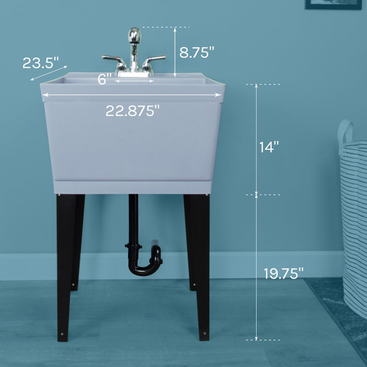Gray Freestanding Utility Sink with Chrome Faucet and Metal Legs