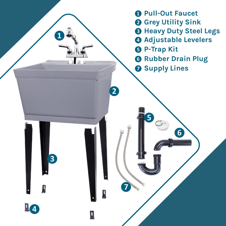 Gray Freestanding Utility Sink with Chrome Faucet and Metal Legs