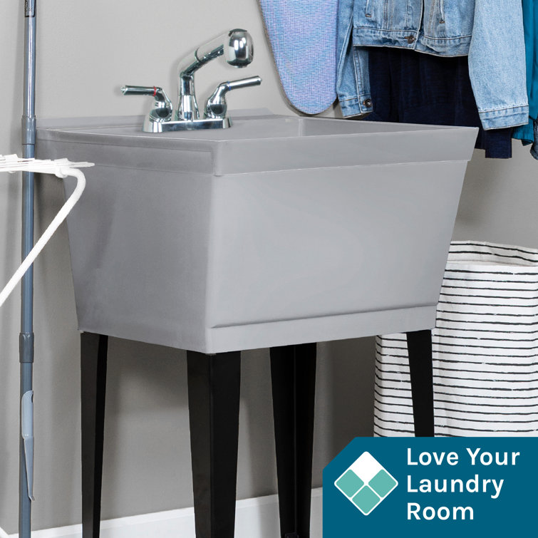 Gray Freestanding Utility Sink with Chrome Faucet and Metal Legs