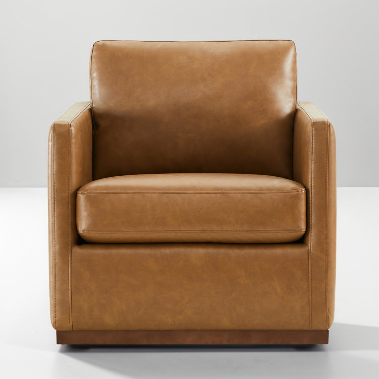 Saddle Brown Faux Leather Swivel Accent Chair Set with Wood Base