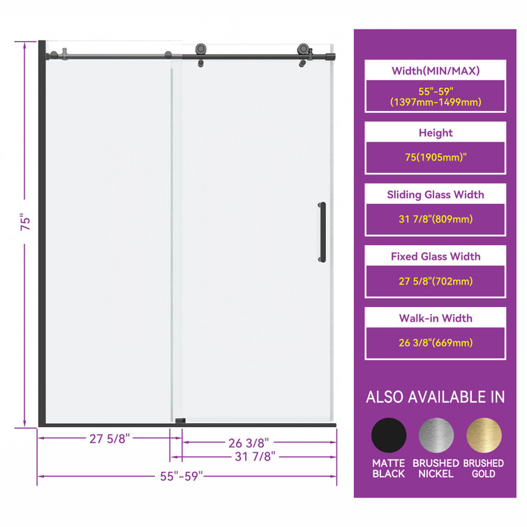 Matte Black Frameless Sliding Shower Door with Clear Tempered Glass
