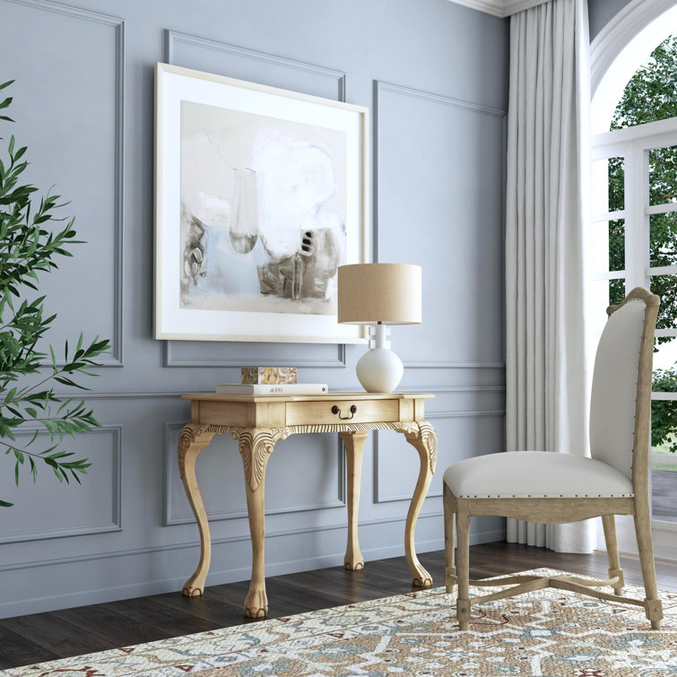 Dupree Solid Wood Carved Gray Writing Desk with Drawer