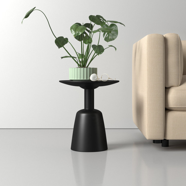 Black Round Solid Wood Sculpted End Table