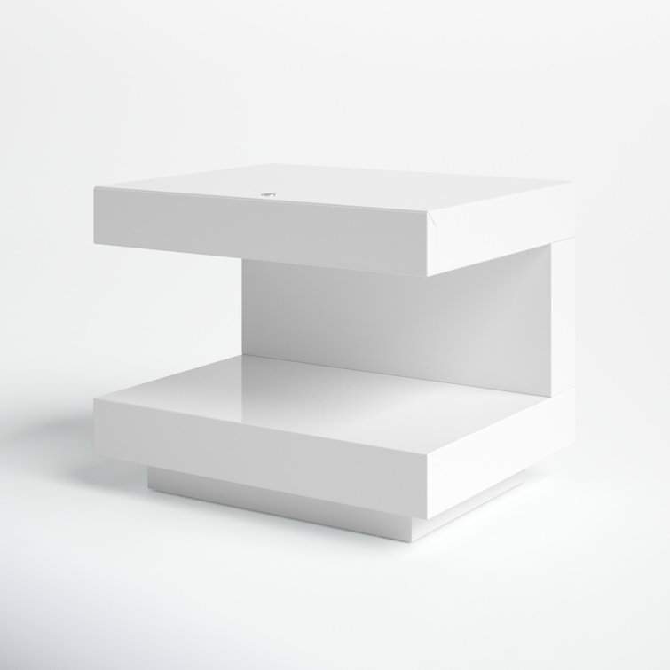 C-Shaped Modern White Glossy Nightstand with LED Light