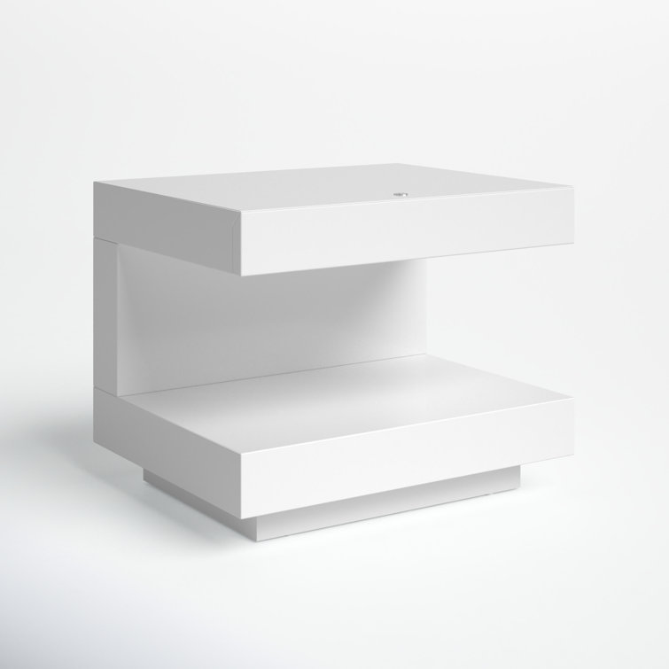 C-Shaped Modern White Glossy Nightstand with LED Light