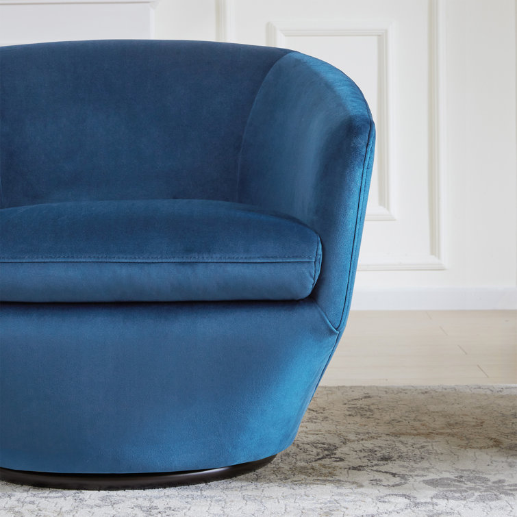 Blue Velvet Swivel Barrel Accent Chair with Wood Frame