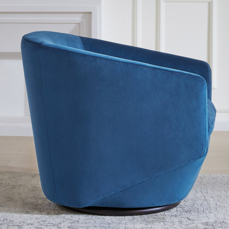 Blue Velvet Swivel Barrel Accent Chair with Wood Frame