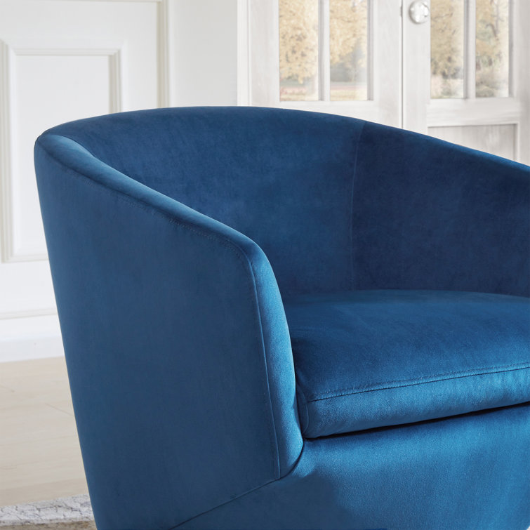 Blue Velvet Swivel Barrel Accent Chair with Wood Frame