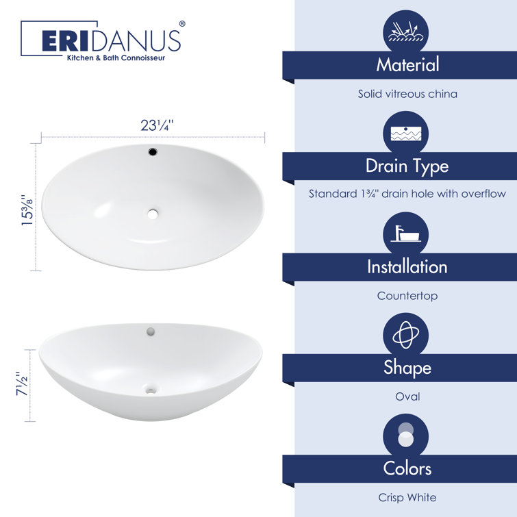 Eclisse 23" x 15" White Ceramic Oval Vessel Sink