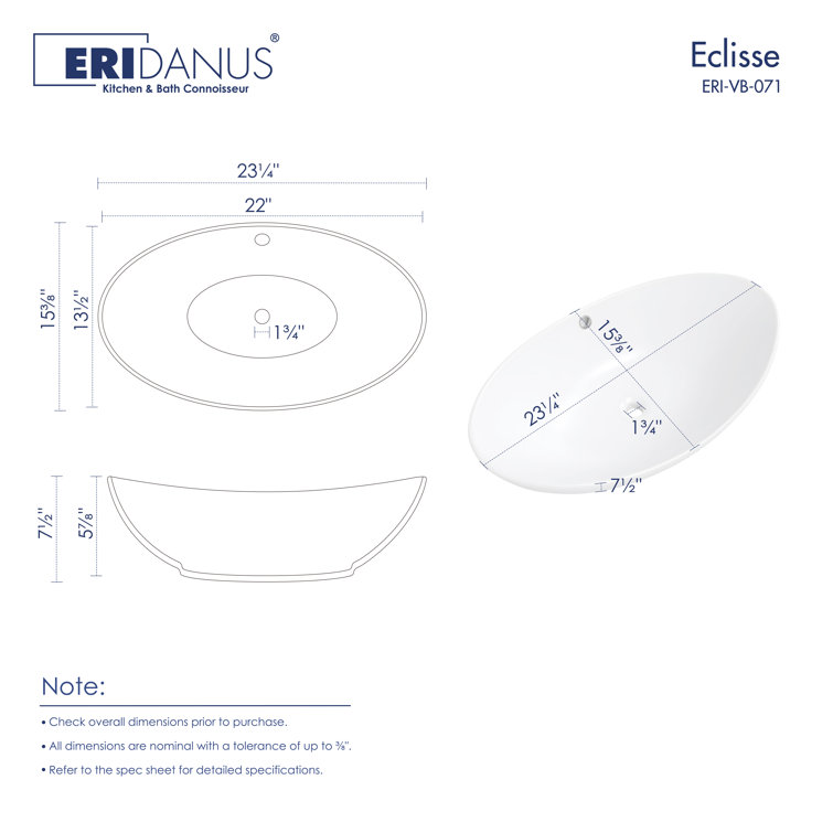 Eclisse 23" x 15" White Ceramic Oval Vessel Sink