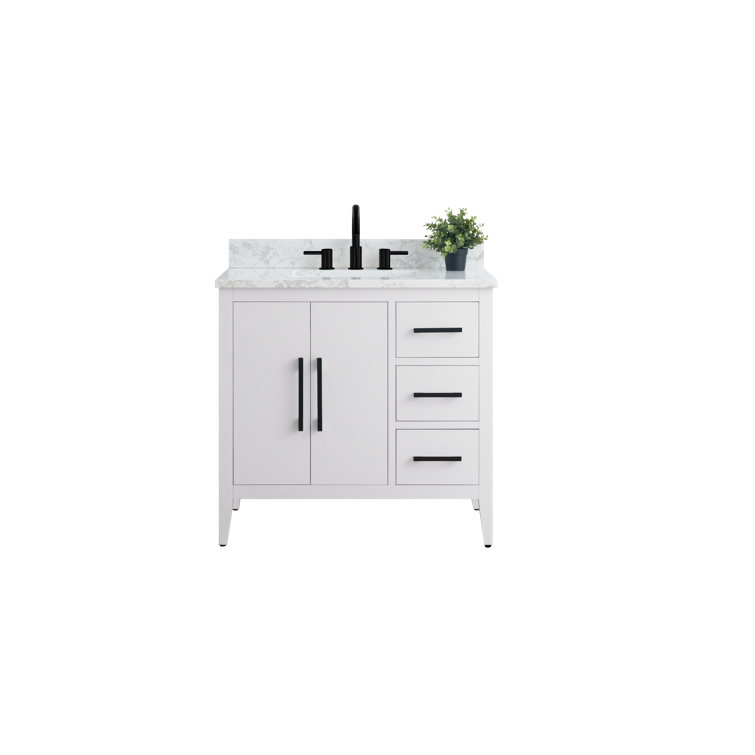 White Poplar Wood Single Sink Bathroom Vanity with Marble Top