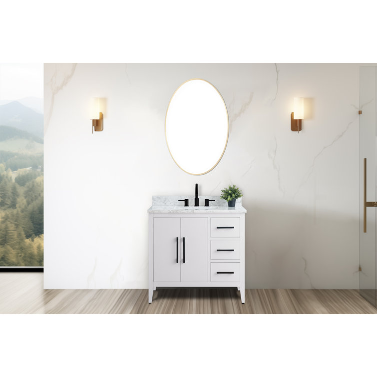 White Poplar Wood Single Sink Bathroom Vanity with Marble Top