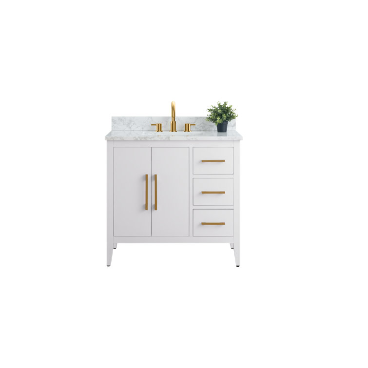 White and Gold 36" Single Bathroom Vanity with Ceramic Sink