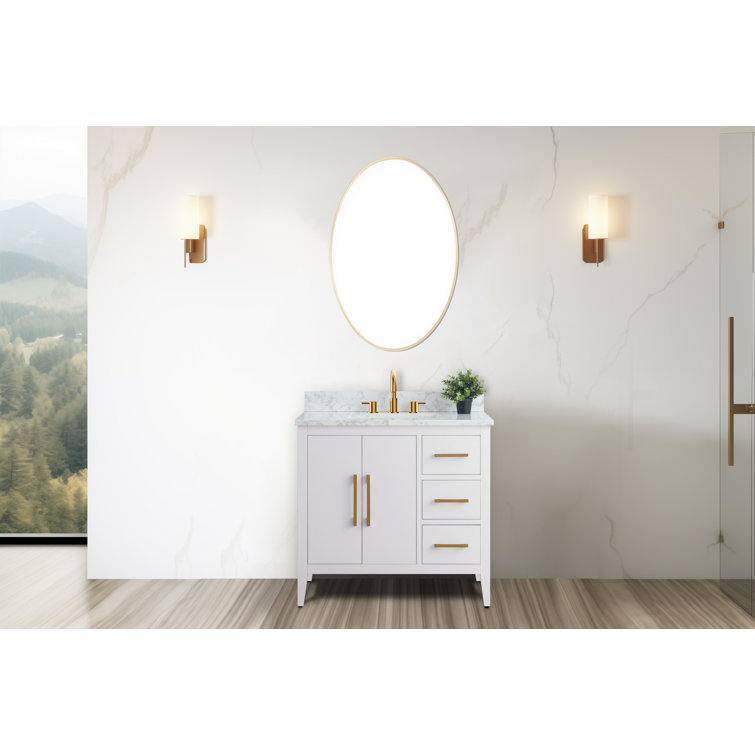 White and Gold 36" Single Bathroom Vanity with Ceramic Sink