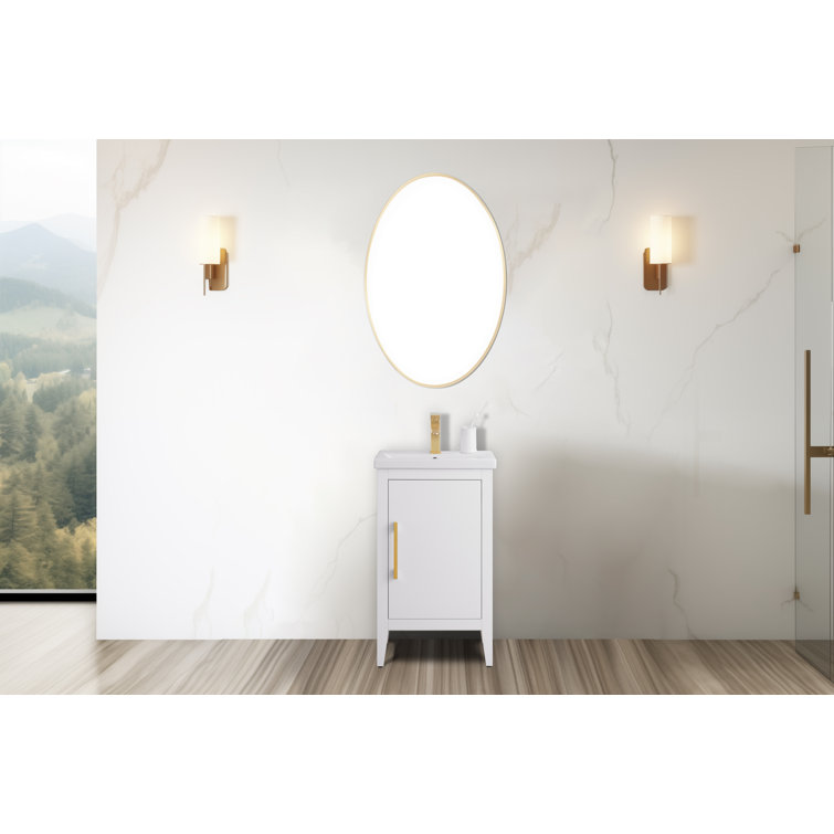 White and Golden Brushed Single Bathroom Vanity with Ceramic Top