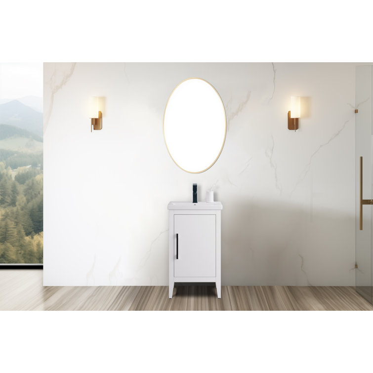White and Golden Brushed Single Bathroom Vanity with Ceramic Top