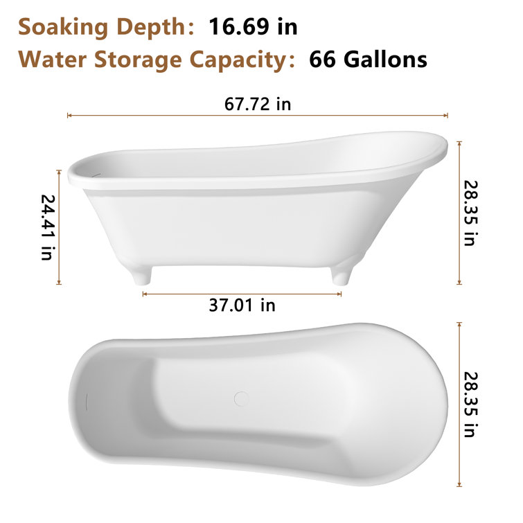 67.72" White Solid Surface Freestanding Soaking Bathtub