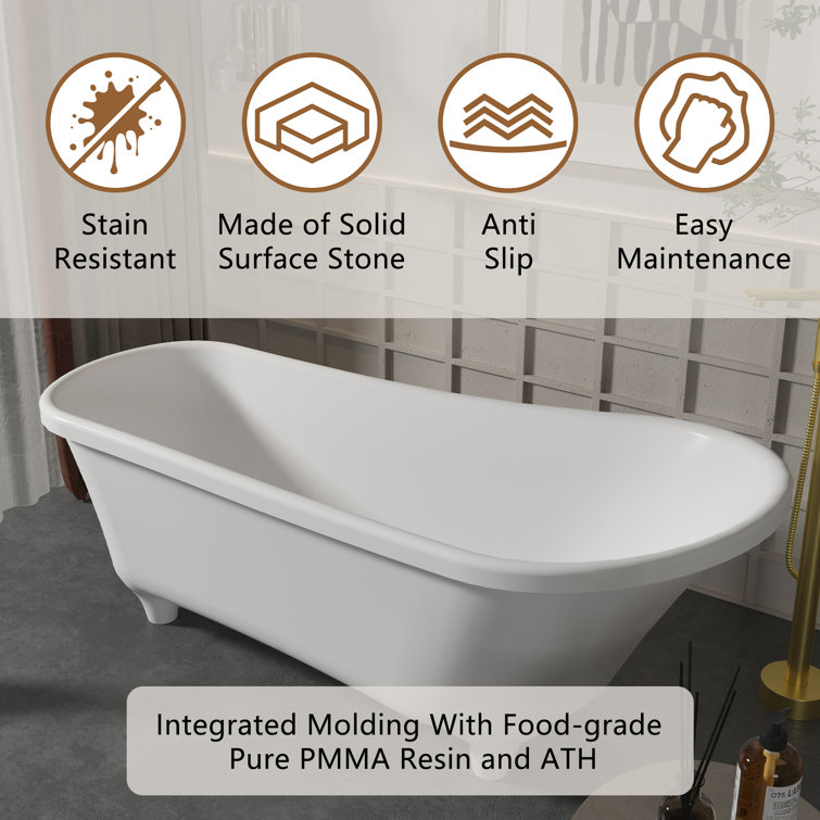 67.72" White Solid Surface Freestanding Soaking Bathtub