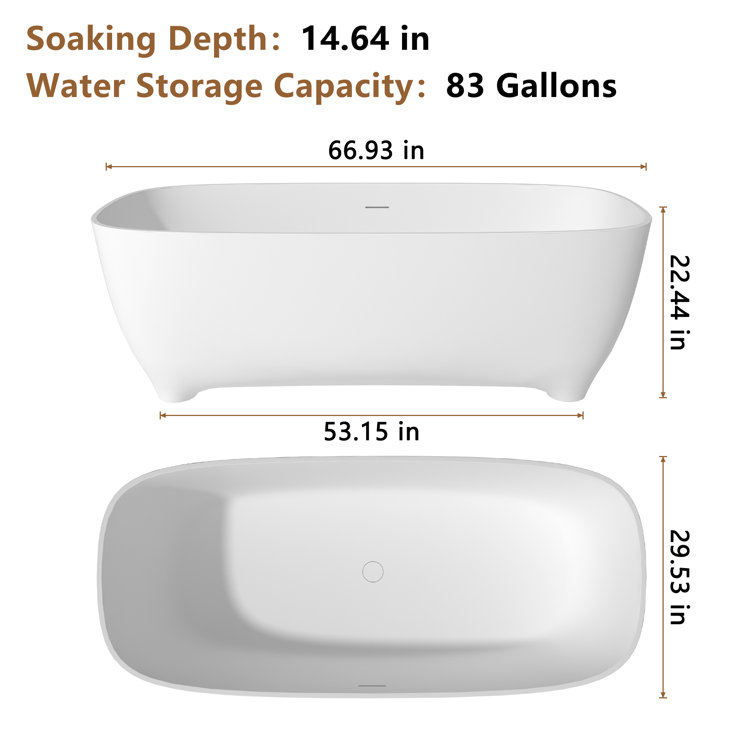 67" White Solid Surface Freestanding Soaking Bathtub