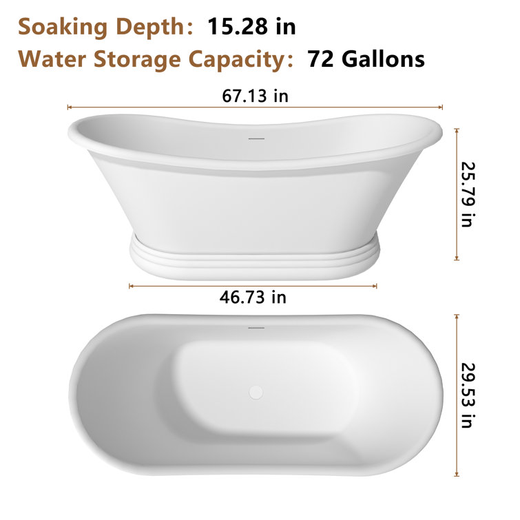 67" Matte White Stone Resin Freestanding Soaking Bathtub