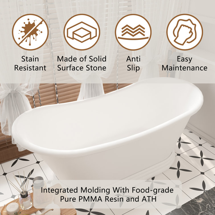 67" Matte White Stone Resin Freestanding Soaking Bathtub