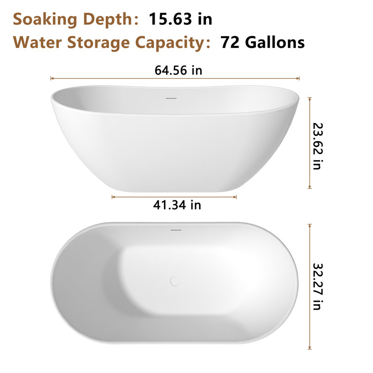 65'' White Solid Surface Freestanding Soaking Bathtub