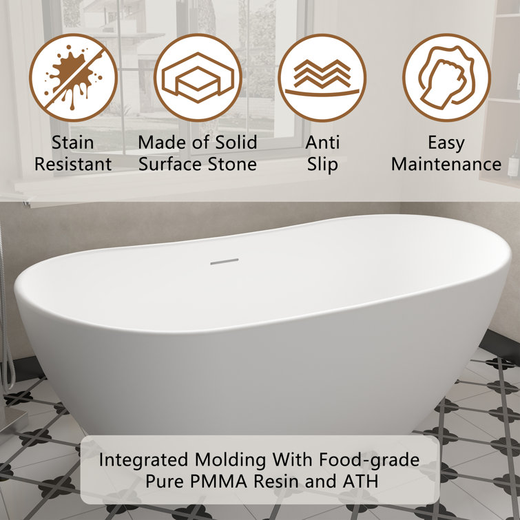 65'' White Solid Surface Freestanding Soaking Bathtub