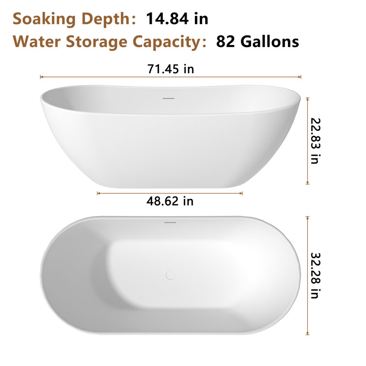 71.46'' Matte White Solid Surface Freestanding Soaking Bathtub