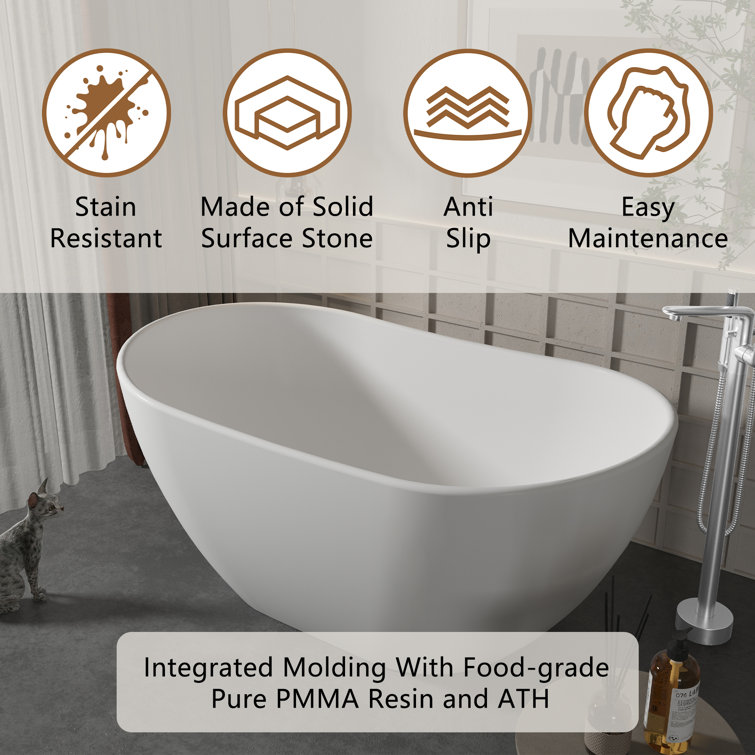71.46'' Matte White Solid Surface Freestanding Soaking Bathtub