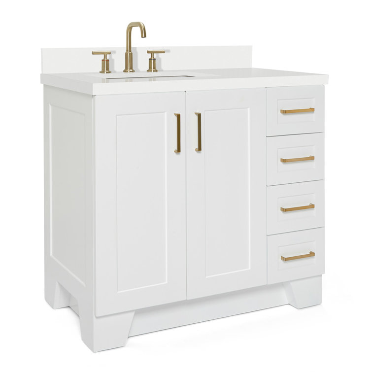 White Quartz Top Single Sink Bathroom Vanity with Brass Hardware