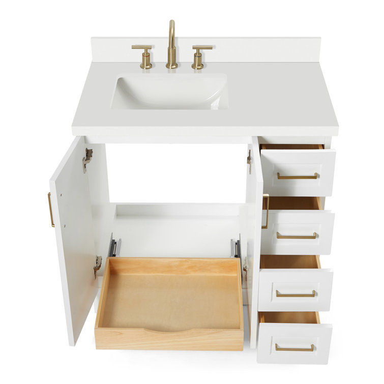 White Quartz Top Single Sink Bathroom Vanity with Brass Hardware
