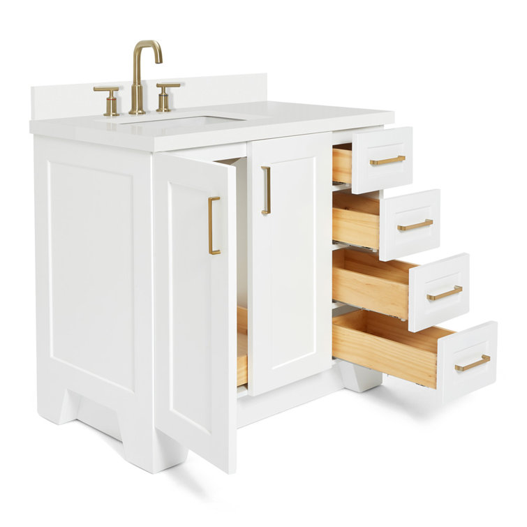 White Quartz Top Single Sink Bathroom Vanity with Brass Hardware