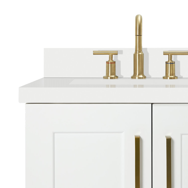 White Quartz Top Single Sink Bathroom Vanity with Brass Hardware