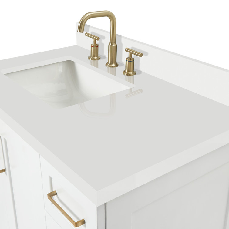 White Quartz Top Single Sink Bathroom Vanity with Brass Hardware