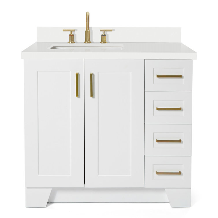 White Quartz Top Single Sink Bathroom Vanity with Brass Hardware