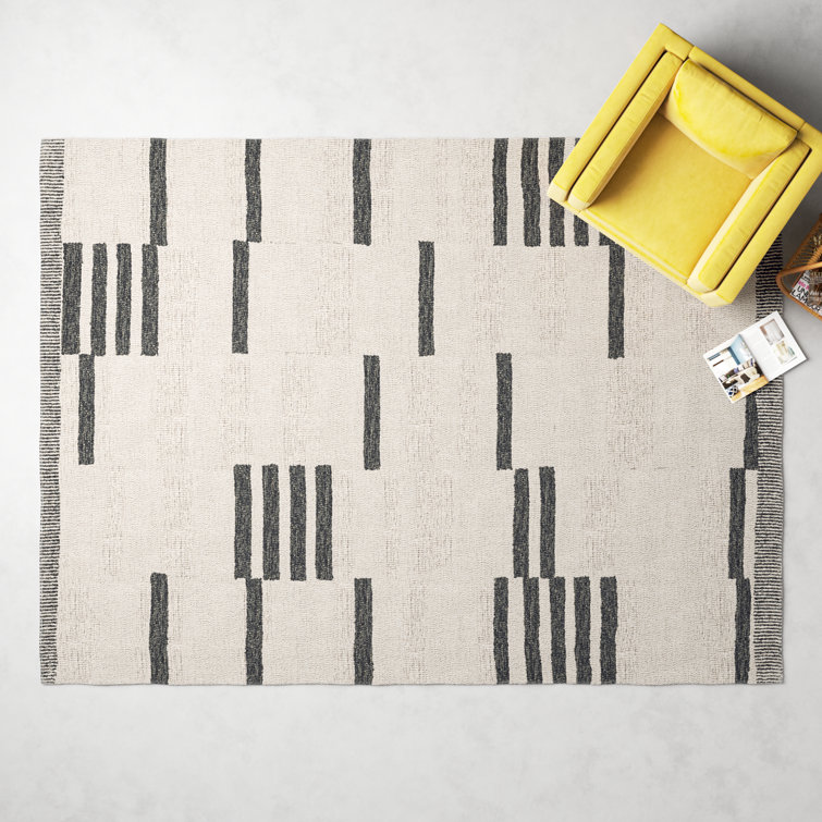 Handmade Cream and Black Wool Tufted Striped Rug 6' x 9'