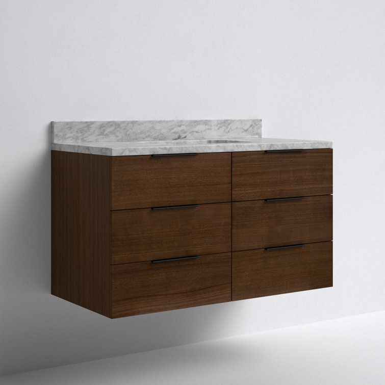 Walnut and Carrara Marble 42'' Single Wall-Mount Bathroom Vanity