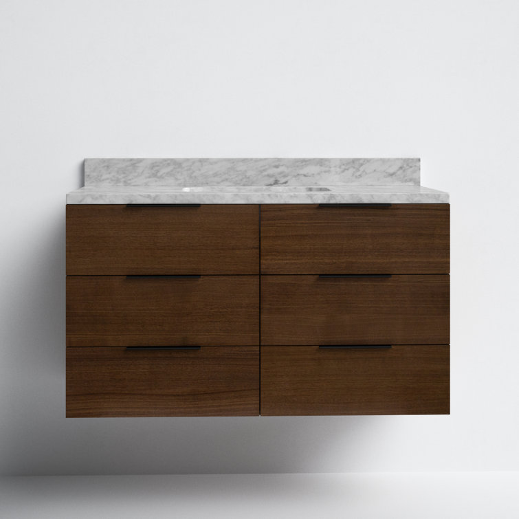 Walnut and Carrara Marble 42'' Single Wall-Mount Bathroom Vanity