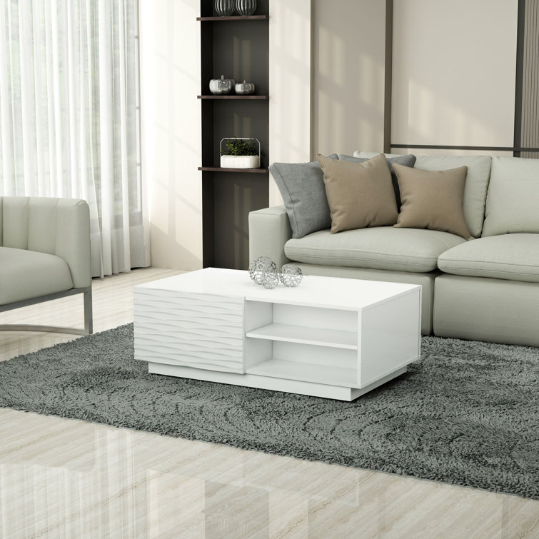 White Gloss Rectangular Wood Coffee Table with Storage