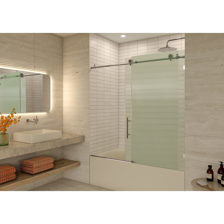 Galaxy 60" Frameless Fluted Glass Sliding Bathtub Door in Chrome