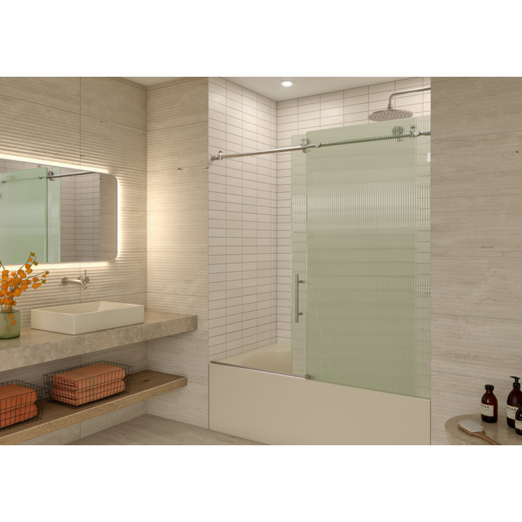 Galaxy 60" Frameless Fluted Glass Sliding Bathtub Door in Brushed Nickel