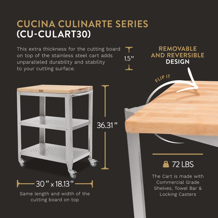 Maple Wood Butcher Block Kitchen Cart with Stainless Steel Frame