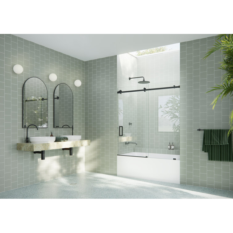 Astro Frameless Sliding Bathtub Door in Matte Black with Tempered Glass