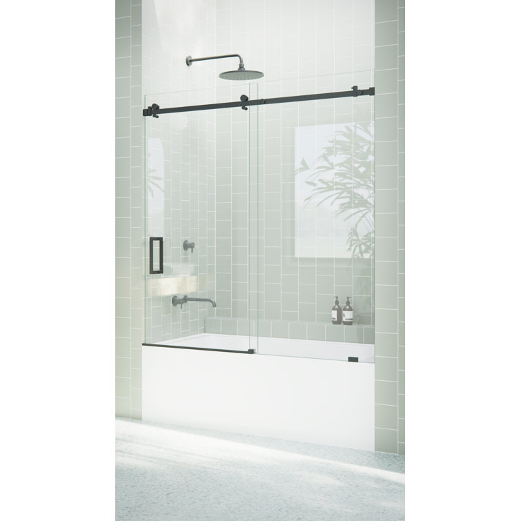 Astro Frameless Sliding Bathtub Door in Matte Black with Tempered Glass