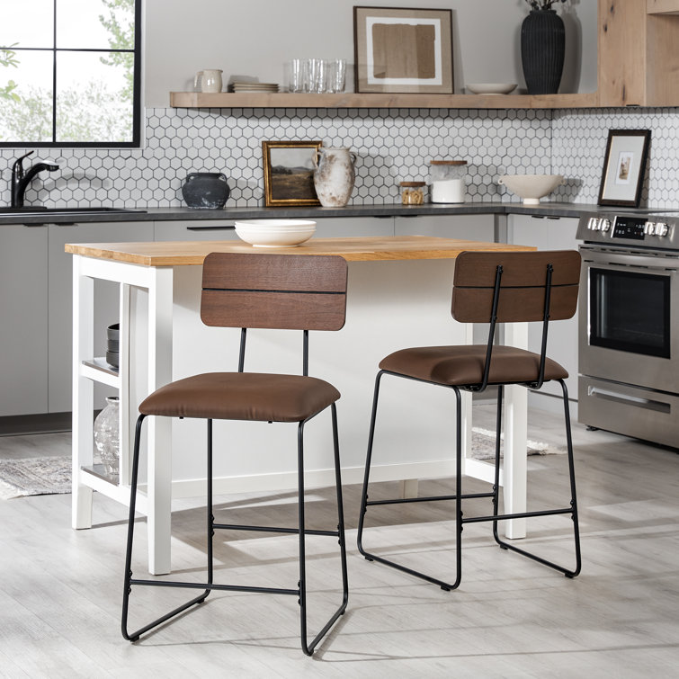 Brown Leather and Wood Swivel Counter Stool with Metal Frame